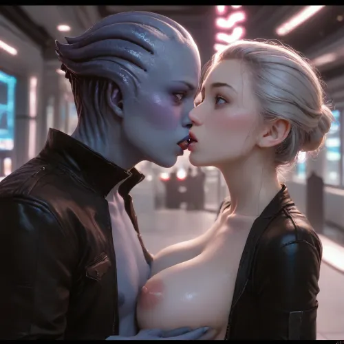 (Masterpice), (HD4K visual), (detailed background), 4K ultra-detailed image, HDR, enhancement, professional photography, clear face, detailed face, precise anatomy, (perfect symmetry), (5 fingers per hand), maximum resolution, sharp focus, NSFW, one female blue skinned Asari from mass effect, beautiful dark blue skin, blue eyes, Asari head hair, thin face, tall, thin frame, gigantic breasts, big gumdrop nipples, wide areola, black thong, thong strings pulled up, leather jacket, in missionary position, gigantic man out of frame, big cock, Asari is enthusiastically in missionary position getting fucked, doggystyle sex, pussy penetration, (sex), tounge kissing, background futuristic city, side view, Asari, ratatatat74, incase, style, <lora:asari-sdxl:1.4>, <lora:ratatatat74-000050:1.4>, <lora:Incase_Style__SDXL:1.4>, <lora:cbcity2:1.4>