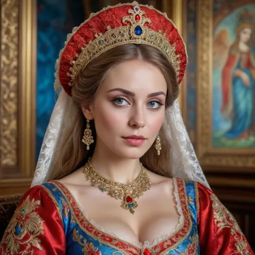 40yo milf, very beauty, perfect russian face, big breasts, Portrait of a Russian beauty in national costume, lace filigree of bright, rich color. Super clear, highly detailed watercolor, glaze technique, plus colored alcohol ink, style of V. Vasnetsov