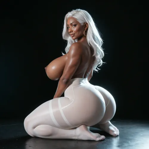 black room, black background, medium view, busty black african woman, topless, gorgeous, (milf:1.2), (extremely long smooth white hair:1.5), (wide_hips:1.5), (Massive ass:1.1), (massive breasts:1), thin waist, kneeling on the floor, wearing shimmering shiny glossy white pantyhose with open crotch, behind view. showing her ass..