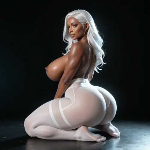black room, black background, medium view, busty black african woman, topless, gorgeous, (milf:1.1), (extremely long smooth white hair:1.5), (wide_hips:1.5), (Massive ass:1.1), (massive breasts:1), thin waist, kneeling on the floor, wearing shimmering shiny glossy white pantyhose with open crotch, behind view. showing her ass..