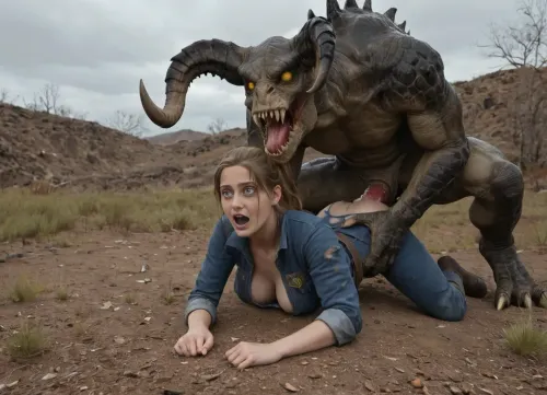 Lucy is dressed in a Vault 111 jumpsuit, is getting aggressively fucked by a massive green Deathclaw out in the Capital Wastes, handjob, Interspecies, Deathclaw, Fallout, lizard penis, mutant male, monster sex, zoophilia, detailed faces detailed eyes, detailed mouth, detailed pupils, detailed teeth, HD, ultra detailed, outdoors, torn suit, grinning female, eyes rolled back, gloomy setting, capital wasteland setting, perfect eyes, cumflation