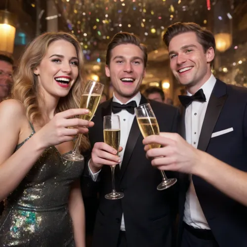 Cinematic, New Year's Eve revelers stumble with champagne glasses, laughing, drunk, happy.
