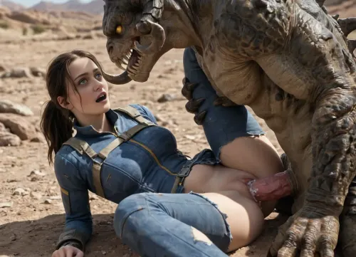 (masterpiece, ultra detailed, best quality, soft shadows, soft light, close view), Fallout style, Lucy MacLean, dressed in a Vault-suit, is getting aggressively fucked by a massive green Deathclaw in the desert, ((vaginal scissoring position)), grab head, she has black hair, dirty skin, Interspecies, Deathclaw, Fallout, lizard penis, mutant male, monster sex, zoophilia, dirty torn Vault-suit, detailed faces, detailed eyes, detailed mouth, detailed pupils, detailed teeth, HD, ultra detailed, outdoors, grinning female, pain scream, wide open eyes, perfect eyes, cumflation