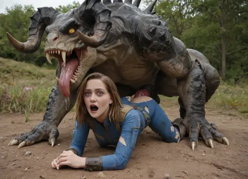 (masterpiece, ultra detailed, best quality, soft shadows, soft light, close view), Fallout style, Lucy MacLean, dressed in a Vault-suit, is getting aggressively fucked by a massive green Deathclaw in the desert, vaginal missionary, grab head, she has black hair, dirty skin, Interspecies, Deathclaw, Fallout, lizard penis, mutant male, monster sex, zoophilia, dirty torn Vault-suit, detailed faces, detailed eyes, detailed mouth, detailed pupils, detailed teeth, HD, ultra detailed, outdoors, grinning female, pain scream, wide open eyes, perfect eyes, cumflation