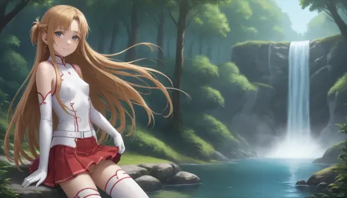 (Asuna Yuuki from Sword Art Online), grown-up girl, realistic face, smiling, red and white suit, (blonde hair), (slightly curly hair), long hair, light blue eyes, freckles on face, pretty face, very tanned skin, narrow hips, thin waist, side view, vagina visible from under skirt, front view, full-length view, flat chest, areolas, swollen, puffy, very cold nipples, (focus and realistic face:1.2), sex, Asuna, (SAO), forest edge, waterfall, river, forest, floating castle in background, skirt, red skirt, removable gloves, white thigh-high stockings, brown hair, brown eyes, breastplate, solo, pleated skirt, miniskirt, white belt, blonde, hair, brown, eyes, long, <lora:asuna:.1>, <lora:SDXL_Asuna:.1>