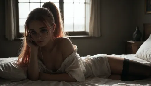 masterpiece, best quality, amazing quality, klskx, nsfw, explicit, 1girl, solo, pale pink hair, high ponytail, long ponytail, (heterochromia:1.1), (blue eyes:.9), round glasses, pink eyebrows, eyelashes, small breasts, looking at viewer, oversized clothes, white dress shirt, unbuttoned, cleavage, sheer fabric, slipping off shoulders, stockings, sitting on edge of bed, legs slightly spread, adjusting glasses, teasing expression, warm morning sunlight on skin, indoors, luxurious hotel room, king-size bed, fluffy white pillows, floor-to-ceiling windows, ocean view, golden morning light, soft silk sheets, (dark shadows:1), high contrast, volumetric lighting, intricate details, blurry background, depth of field, <lora:Beautiful_female_model_face_18-30:.8>, <lora:dark:.8>