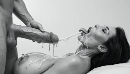 (milf:1.2), (black&white:1.9), white background, white room, close-up of a white man's 18 inch penis, hard-on, big testicles, the white man is sitting with his back to the wall, masturbating, he is shooting a cumshot on the face of a naked busty white woman, topless, gorgeous, (milf:1.1), (extremely long smooth black hair:1.5), (wide_hips:1.5), (Massive ass:1.1), (massive breasts:1), thin waist, the white woman is wearing shimmering shiny glossy black pantyhose with open crotch, looking disgusted, The white woman is laying on her back, (realistic excessive thick runny cum all over her face and body), licking the dickhead of the white man's penis, froggystyle blowjob, mouthfull of cum, excessive cum dripping out of her open mouth, nose full of cum, mouth full of cum, lots of very thick cum, loads of cum, woman, on, face, excessive bukkake, cum, facialized, superfacialized, surrounded by dicks, (ejaculation:1.3), 2+ men.