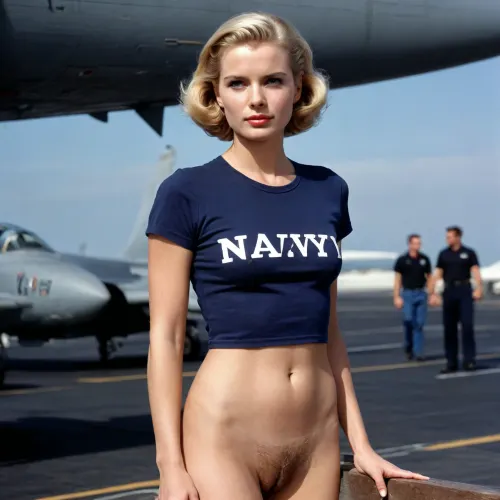 Grace Kelly nude, wearing only a Navy blue t-shirt with, ((("NAVY"))), inscription, bottomless, bare ass, (((visible hairy blonde pube))), standing by a F 15 Eagle on the deck of an aircarrier