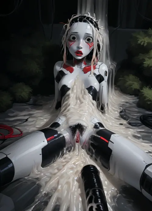 reiq meets innv and Jack cayless art style, pov anal sex, (giant man anal fucks impossibly tiny robot girl), giant cock, anal penetration, hyperpenetration, (stomach bulge:.3), ((the cock is much larger than the robot girl)), cum, anal insertion, view, 8K, UHD, front view of woman, machine eyes, detailed hair, (eye contact), full bush of pubic hair, cyborg, high-tech, cables, wires, robot, cyberpunk, science fiction, neon, precum, (excessive cum:1.7), incase style, Robot, Skin, Android, <lora:EnvyBeautyXL02:.2>, <lora:mk_Bp Anime_xl:.8>, <lora:EnvyAnimeDigitalPaintingXL01:.3>, <lora:robot_skin_XL_1.0.6:1.5>