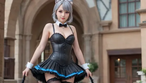 21 years old, UHD 8K, detailed background, street, fantasy world, purple eyes, cat ears, gray cat tail, five fingers, perfect fingers, gray hair, a masterpiece of the highest quality, the work of a true craftsman, jewelry, black lace thigh-high stockings, white shirt, black leather corset above the bust with a zipper, ruffles, light blue stripe at the bottom of the skirt, black skirt, Lynette, Lynette Genshin Impact, (Genshin, Impact), (lin, ni, te), 1 girl, slender figure, solo, small breasts, bow, ear, fluff, vagina visible under the skirt, cleavage, bangs, face, smile, star-shaped mark on the right cheek, (pleated leather skirt with a light blue stripe at the bottom), black, bow tie, <lora:linnite_x_00004l:1.7>