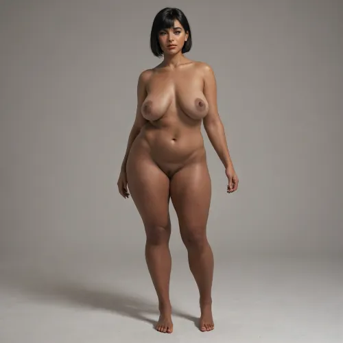 black skin, bbw, shoulder-length straight hair with straight-cut bangs, breasts size g, saggy breasts, perky nipples, wide hips-8, full body view