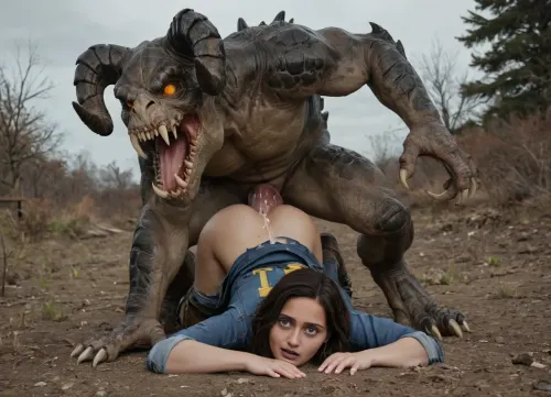 Lucy is dressed in a Vault 111 jumpsuit, is getting aggressively fucked by a massive green Deathclaw out in the Capital Wastes. Interspecies, Deathclaw, Fallout, lizard penis, mutant male, monster sex, zoophilia, detailed faces detailed eyes, detailed mouth, detailed pupils, detailed teeth, HD, ultra detailed, outdoors, torn suit, grinning female, eyes rolled back, gloomy setting, capital wasteland setting, perfect eyes, cumflation