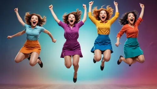 comic-style woman characters jumping with joy