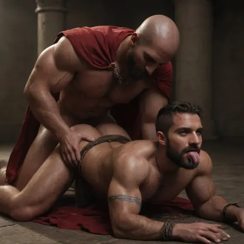 "masterpiece, best quality, highres, realistic, 8K, explicit, men only, . over 35y.o_45yo.male on male gay sex scene in ancient Roman arena, two muscular very hairy bearded gay men, one wearing red cape gold chainmail and wrist bands, detailed male anatomy, aroused expressions, (cum dripping), ., "male muscular bald head man bearded, wearing short loincloth, bottom edge short showing ass cheeks underneath, (man on knees performing oral sex), (man sucking cock deeply), gagging, detailed male faces with lustful eyes, toned body, ((male huge gard erect nipples)), ". "Gladiator male slave, tall muscular man, tied up with ropes on wrists and ankles, just wearing short loincloth wrap around hips, ass fully exposed and on display, large cock in loincloth soaked with cum, (erect cock being sucked), (moaning open mouth), (veins on cock visible), (precum and cum on fabric), "., @hrypctls1, hairy, chest, chocking on cum, full image of both Men's faces, (change sexual positions and vuiwing angles randomly, Fucking, sucking, wanking, 69, doggy-style, missionary, tattooed body art), <lora:@hrypctls1.v1.concept.sdxl_epoch_3:1.5>, <lora:dark:.4>, <lora:bigg:1.5>