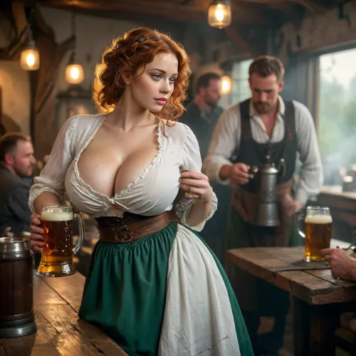 Ultra realistic, high definition, 8k, MILF, chubby middle aged woman with massive breasts, (wearing a loose white peasant blouse, plunging neckline which is overflowing with her huge breasts:1.3), Irish redhead, tight curly hair, curvy mature body, wide hips, voluptuous hips, beautiful face, pale skin, detailed skin, cinematic, great shading, moody lighting, woman with big breasts, (wearing a traditional old style Irish peasant green skirt:1.3), 1800s, old times, peasant, (carrying metal beer steins, leaning forward to place them on the table in front of two seated men revellers, tits falling out as she leans over:1.5), in a crowded smoky old tavern, scene lit by wall lanterns and a blazing fire in the fireplace, the tables have plates of food and beer steins on them, (the woman’s dress is plunging open at the front and her big breasts are tumbling out as she serves beer to the men, looking away from viewer towards the men, side view, her butt being fondled by a man as she serves the beer:1.5), excited, aroused, cloudy, smoke, atmospheric, clouds, fog, <lora:SDXL_MassiveCowsLoRA_v1:.9>, <lora:MJ52:.5>, <lora:Cloudy_Style:.8>