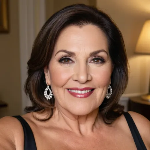 beautiful sexy mature 65 year old brunette, very chubby, smoked eyes, makeup, black eyes, medium dark hair, glamour, hoop earings, she has a wide jaw, poited chin, very elegant, selfie, naught orgasm smile face, tan skin