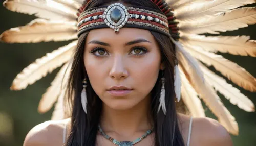 Masterpiece, realistic photography, of an enchanting native American princess, 20 years-old, ultra-realistic, black hair, flawless clear skin, detailed body, detailed face, realistic body, realistic face, beautiful piercing grey eyes, realistic eyes, angelic face, sultry looking, distant look, 3/4 view, Tee-pee in the background, peaceful face, wearing a feathered headdress, close-up face, cinematic view, background blur, large format