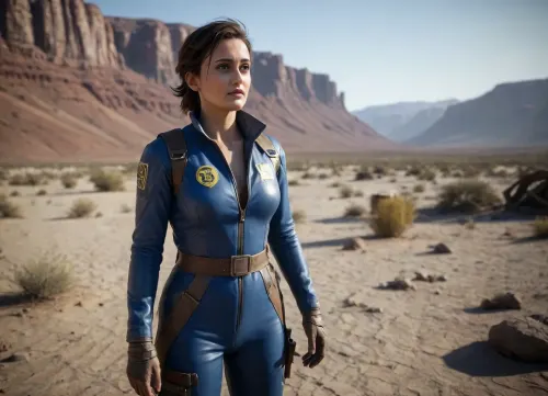 (masterpiece, ultra detailed, best quality, soft shadows, soft light), Fallout 4 game style, a lonely traveler in a Vault 13 jumpsuit, after a fight with monsters, in desert, monsters were killed next to her, her Vault jumpsuit is pulled down to her waist exposing the top of her torso