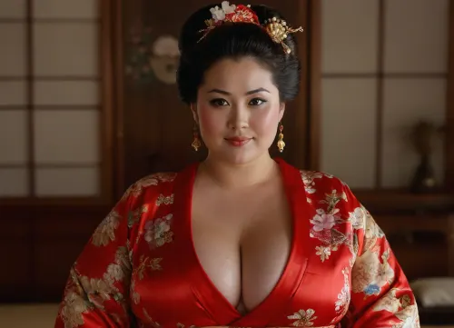 ((stacked Asian plump bbw)), dressed in a red silk Kimono, (((covering her massive cleavage))), (fully clothed:1.2), Squared Face, big black eyes, wide jawline, (massive bust:1.1), straight black hair, fat strong shoulder, High detailed photo, chubby face, soft chin, high quality photo .hair bun, wide packed hips, Seductive smile, Very old skin and face, wrinkles, (kancolle\), Kimono, <lora:Kimono:.3>