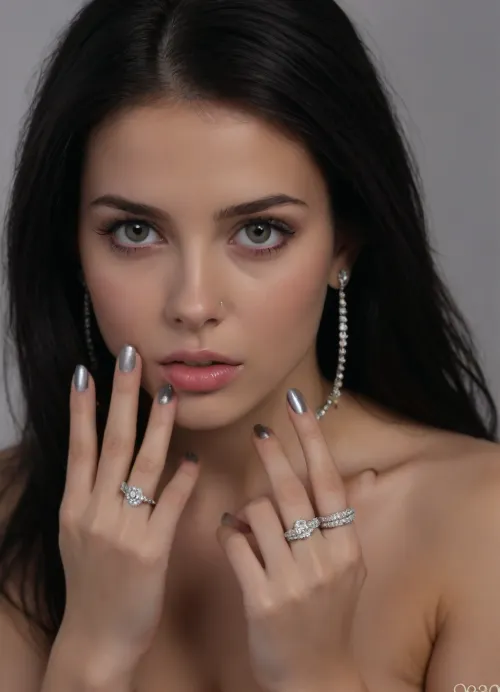18-year-old girl, beautiful young face, big expressive eyes, big sensual mouth, slutty face, looks erotic, (nude:1.4), sexy belly piercing, (barely hairy pubis), dark hair, young female model for Instagram, photorealism, studio lighting, ((perfect manicured painted very long polish nails:1.5)), (long black hair:1.4), (spread pussy lips with fingers:1.1), (silver longest necklaces:1.5), ((hoop earring)), ((lots of silver and diamonds rings in every finger:1.9)), best quality, athletic build, top model with long legs, noticeable abs, the image resembles wet hair after a workout, beautiful, realistic, black lace stockings, very high heels, dark tanned, tan lines