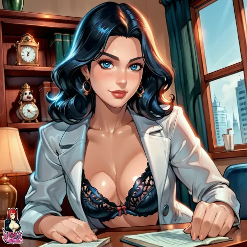 (CARTOON), 2D, reiq style, solid outlines, (FRONTVIEW), angle, 21-year-old Italian woman, fit with attention-drawing breasts, ((long wavy black HAIR)), freckles, bold features and mischievous smirk, sparkling playful eyes, (black lace bra), (black lace panties), leaning forward with expressive gestures, playful and teasing, doctor's coat, ((SHOWING CLEAVAGE to the viewer)), doctors office with treatment table, warm cozy atmosphere, energetic and theatrical vibe