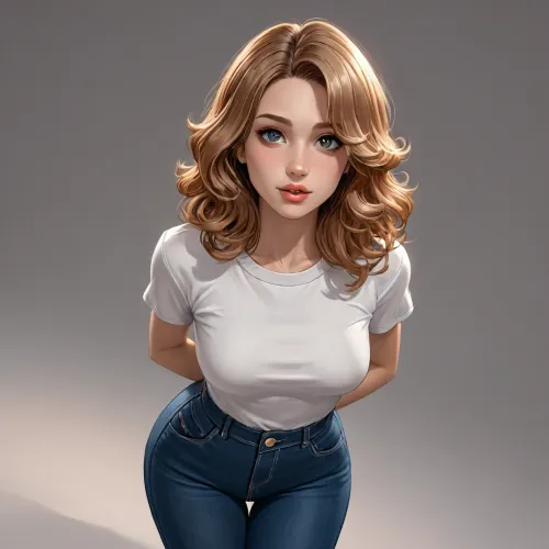 (CARTOON), 2D, reiq style, solid outlines, (full body front VIEW), angle, super sexy woman, voluptuous figure, wide hips, pear shaped body, fit with attention-drawing breasts, ((long curly light brown hair)), freckles, bold features and mischievous smirk, dark brown eyes, sparkling playful eyes, tight blue jeans, tight white shirt, teasing look, aroused, full lips, mouth open, ((simple background)), high contrast, (dramatic lighting:1), <lora:outline_xl_kohaku_delta_spv5x:1.5>