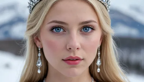 Masterpiece, realistic photography, of an enchanting Nordic princess, 20 years-old, ultra-realistic, blonde hair, flawless white clear skin, detailed body, detailed face, realistic body, realistic face, beautiful piercing blue eyes, realistic eyes, angelic face, sultry looking, distant look, 3/4 view, snowy tundra, background, peaceful face, wearing tiara, and earrings, with red diamonds droplets, classic medieval outfit, close-up face, cinematic view, background blur, large format