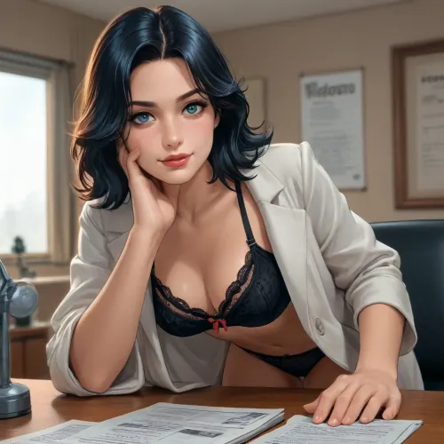 (CARTOON), 2D, reiq style, solid outlines, (FRONTVIEW), angle, 21-year-old Italian woman, fit with attention-drawing breasts, ((long wavy black HAIR)), freckles, bold features and mischievous smirk, sparkling playful eyes, (black lace bra), (black lace panties), leaning forward with expressive gestures, playful and teasing, doctor's coat, ((SHOWING CLEAVAGE to the viewer)), doctors office with treatment table, warm cozy atmosphere, energetic and theatrical vibe, <lora:outline_xl_kohaku_delta_spv5x:2>