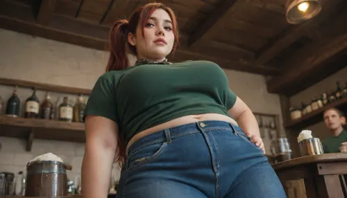 8k UHD, woman with long ponytail, side ponytail, natural red hair, dark green tshirt, dark blue jeans, ((very slightly chubby)), hazel eyes, (((very large mole on neck))), (((mole just below chin))), medium breasts, narrow waist, in a pub setting