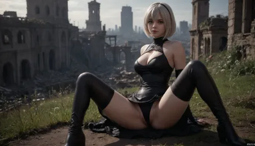 ((2B, YoRHa, NieR, nier automata)), 4K resolution, full-length, sitting, (1 girl), pale skin, detailed image, realistic face, smile, slender figure, anime style, subdued lighting, soft light, looking at viewer, ruined city, ruins overgrown with grass, black dress in a Gothic style, black thigh-high stockings, long leather thigh-high boots, <lora:2b_nier_automata:2>