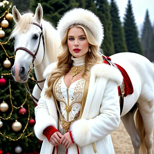 photograph, ([of a beautiful blonde woman], , , (woman:1.2), in a richly decorated, jewel-encrusted, ([white winter coat with intricate gold embroidery], , , and matching fur hat, standing next to a magnificent, (white horse:1.1), adorned with exquisite, (gold harness:1.3), Next to a Christmas tree, full frame, (winter landscape outdoors:1.1), (snowy background:1.1), bokeh, soft focus, charming, magical New Year atmosphere, sparkling, majestic, regal, ethereal, detailed eyes, ruby lips, long wavy blonde hair, masterpiece, best quality, ultra quality, extremely detailed, cinematic lighting, dramatic lighting, high resolution, realistic, photorealistic))