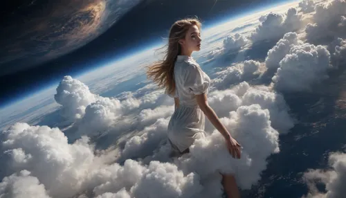 look from orbit to earth, dramatic cfractal clouds, drifting girl