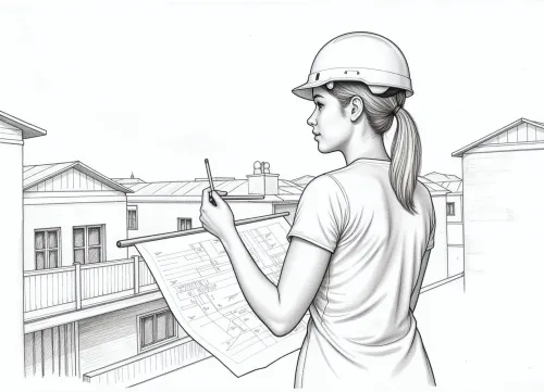 black and white pencil image in the style of a line sketch consisting only of thin lines, flat line image depicting a woman architect in a construction helmet drawing a plan of an old city block on a sheet of paper with a pencil, line sketch consisting of lines of different thicknesses and shading of different densities