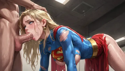 anime, best quality, Supergirl, ripped costume, breasts exposed, hanging from ceiling, (blowjob, face fuck), humiliated