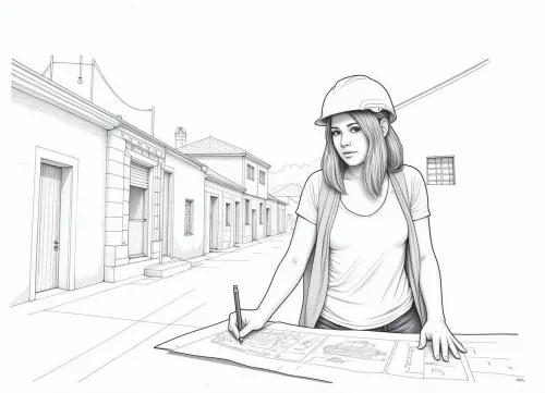 black and white pencil image in the style of a line sketch consisting only of thin lines, flat line image depicting a woman architect in a construction helmet drawing a plan of an old city block on a sheet of paper with a pencil, line sketch consisting of lines of different thicknesses and shading of different densities