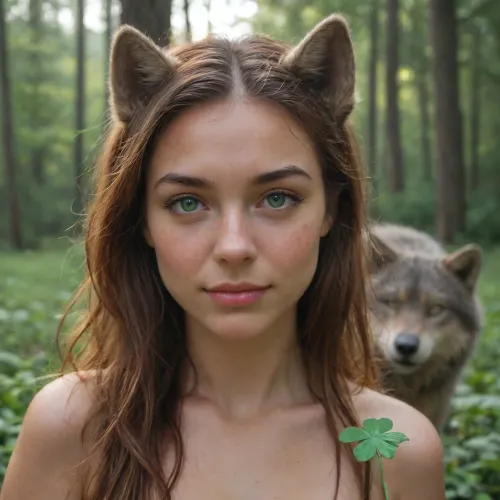 21 years old naked foxy redhead patting wolf in dark rain forest, she make eye contact with big mature darkgrey wolf, eye contact with wolf, with wolf, mature wolf, darkgrey wolf, dark grey wolf, dimgrey wolf, dim grey wolf, black wolf, green eyes, same color eyes, symmetric eyes, matching eyes, detailed eyes, detailed iris, detailed pupils, limbal ring around iris, perfectly round iris, perfectly round pupils, microblade eyebrows, pale skin with freckled cheeks and nose, noticeable freckles, detailed freckles, small perky breasts, small breasts, perky breasts, high breasts, aroused nipples, she in love, loving expressing, adoring expression, joyous, joyful, smirk, evening in nature, sunset, rain forest, rain, water drops, water, dew drops, dew, tall grass, bushes, clovers, clover leafs, four-leaf clovers, four leaf clovers, clover field, photorealistic, photo realistic, photorealism, photo realism, best quality, ultra quality, highest quality, maximum quality, uncompressed, raw source photograph