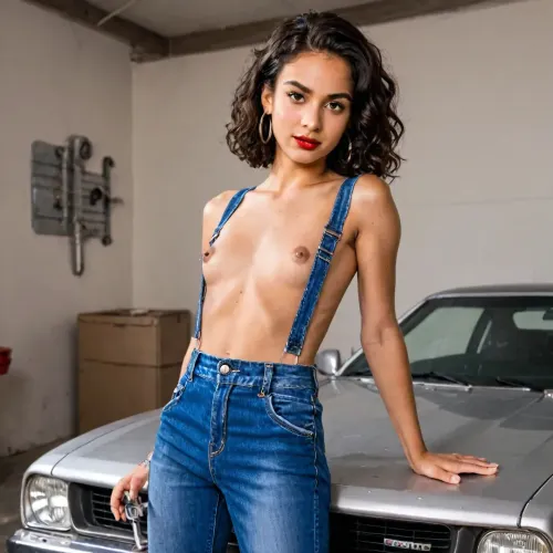 Italian, Car mechanic topless, ((small breasts:1.3)), (large brown areolas:1.3), (long nipple:1.3), (erected nipple:1.3), (nipple ring:1.3), black hair, (bright red lips), ((slim)), latina, denim coveralls, holding wrench, auto repair shop, grease and oil