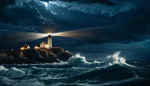 A dark and stormy ocean at night with powerful waves crashing. In the middle of the ocean, there is a large rock formation with a lighthouse standing on top. The lighthouse shines a bright beam of light through the darkness, illuminating the stormy night sky