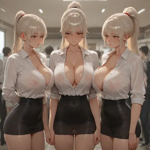 3 girls, 25 y.o. twins and 18 y.o. sister, sisters, holding hands, looking at one another, (intimate, romanitc, deep desire), transparent clothes, slim body, big breast, light platinum blonde, high ponytail, wearing sheer office transparent shirt, wearing sheer top short transparent microskirt, no bra, no penties, shaved pussy, visible under clothes tits, visible under clothes pussy, crowd, office, front side view