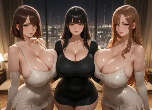 A photorealistic scene of **exactly three distinct and separate young East Asian women** standing very close together but with clear individual silhouettes and no merging, precisely three girls only, trio of beautiful females, no additional people, group of three, photorealistic portrait of three stunningly beautiful Japanese-Korean women age 20-24 standing shoulder-to-shoulder in luxurious dimly lit bedroom night scene, ultra detailed faces, ultra realistic skin with micro skin details, pores, subtle peach fuzz, realistic eye reflections, cinematic soft bokeh background with city night lights through huge windows

Woman 1 LEFT, long straight glossy jet black hair, sharp fox-like eyes, sharp jawline, very full lips, massive natural breasts, (size G-H cup), wearing extremely tight black ribbed long-sleeve bodycon mini dress, ultra deep round neckline exposing huge cleavage, dress length barely covering upper thighs, perfect slim-thick body

Woman 2 CENTER, very long silky dark brown hair reaching waist, innocent seductive big round eyes, babyface beauty, extremely voluptuous body, gigantic natural breasts, (size H-I cup), wearing thin tight beige cotton spaghetti strap cami top stretched to limit over massive bust, deep cleavage, visible nipple outline through thin fabric, dark grey micro booty shorts, bare toned stomach, extreme hourglass

Woman 3 RIGHT, cute short chestnut brown bob with full bangs, youthful adorable face, slightly pouty expression, very large breasts, (size F-G cup), wearing tight fitted wine-red/maroon short-sleeve bodycon mini dress, deep V-neck showing impressive cleavage, dress hugging thick thighs and round ass

All three, perfect symmetrical faces, detailed realistic eyes with catchlights, glossy plump lips, flawless skin texture, natural blush, standing very close with hips touching, seductive direct eye contact with viewer, photorealistic, hyperdetailed, 8k, raw photo, shot on Canon EOS R5, 50mm f/1.2, professional color grading, masterpiece, ultra realistic, best quality, no artifacts