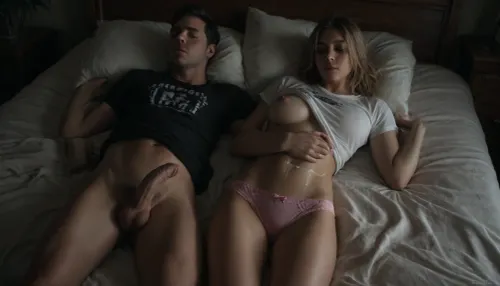 8K, UHD, hyper-photorealistic, An intimate shot with erotic lighting of a beautiful woman sleeping on her back in a bed wearing only a thin white t-shirt and shiny pink panties while a man ejaculates from a large cock all over her breasts, blonde women, (the man is kneeling on the bed), (man is stroking his cock), (it is dark outside, night time:1.2), (sleeping on her back:1.2), (projectile cum:1.3), (cum on belly), (t-shirt is lifted to reveal one breast:1.2), (cum all over breast:1.1), (shiny panties), (thigh gap), <lora:dark:.6>