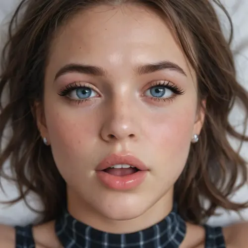 Hot 18 year old athletic girl, wearing tight plaid skirt. Perky tits, shocked face looking at viewer, laying in bed, rubbing her pussy, realistic cumshot, realistic ejaculation, facing viewer, close view, showing off pussy, rating, explicit, pov, focus on her face, open mouth, full lips, long eyelashes, exaggerated blue eyes, pink makeup, blushing cheeks, earrings