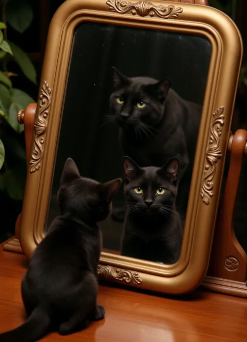 (masterpiece, highest quality, ultra-detailed rendering), (black kitten looking into a richly decorated mirror in a gold frame:1.2), (the mirror reflects an adult black jaguar with bright green eyes:1.3), (side view of the kitten, head turned toward the mirror), (the jaguar's head and shoulders are visible in the reflection, facing the viewer), (soft, diffused lighting:1.1), chiaroscuro, warm ambient glow, (dark, gloomy background, blurred:.9), antique room setting, wooden surface, unobtrusive plant in the background, (out of focus), pensive facial expression, dramatic composition, realistic fur texture, intricate wood carvings, high resolution, photorealism, professional photography, depth of field, natural lighting