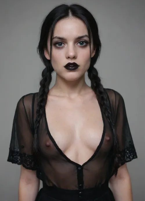 (detail Wednesday Addams face), very long dark nipples, young adult girl 18 years old, horny, straight black hair long platted pigtails, (goth white pale skin:1.2), (black lipstick:1.3), perfect skin, beautiful face, high details, looking at viewer, award winning photo, extremely skinny, detailed eyes, (poking nipples), seductive girl, erect nipples under clothes, erect nipples, black eyes, detailed clitoris, see through, w3dn3sd4y, longnips, puffy, nipples, dark, ghost, wide, <lora:Wednesday-Jenna SDXL1.0:.5>, <lora:longnipsxl:.8>, <lora:Nipples XL:.8>