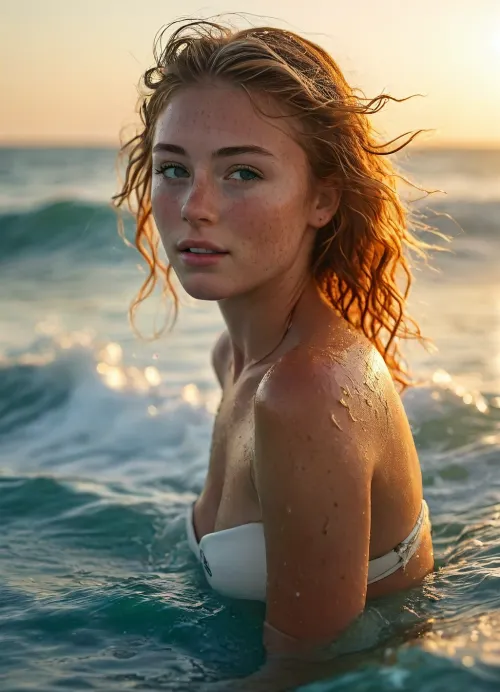 A 19-year-old freckled surfer girl riding the crest of a massive turquoise wave at sunset, toned body perfectly balanced on her surfboard. Short messy strawberry blonde hair whipped by wind and spray, joyful determined expression, nose piercing glinting. Water droplets flying from her tanned skin, bikini visible under the rushing water, small perky breasts. Shot from slightly below at water level, Dutch angle, dramatic backlighting from the setting sun creating a golden halo through the spray. The wave is translucent, showing sunlight filtering through. Photorealistic, dynamic action, intricate water details, masterpiece, best quality, cinematic, breathtaking ocean photography., <lora:SdXL_better freckles_epoch_16:.8>, <lora:MJ52:.8>