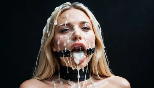 close-up of a white woman's face, (milf:1.18), (wide mouth spreader ring gag:1.2), (extremely long smooth blonde hair:1.5), (Massive ass:1.2), (massive breasts:1), thin waist, topless, black corset, black shimmery pantyhose, gorgeous, black background, black room, (realistic excessive thick runny cum all over her face), licking the dickhead of a white man's penis, (realistic excessive thick runny cum all over her face and body), excessive cum in hair, excessive cum on face, mouthfull of cum, excessive cum dripping out of her closed mouth, nose full of cum, mouth full of cum, lots of very thick cum, loads of cum, woman, on, face, excessive bukkake, cum, facialized, superfacialized, (ejaculation:1.23), (Cum details), realistic cum, Prominent cum, (white cum:1.7), cum on, (Cum flows:1.2), cum on head, (cum on face:1.3), Face covered in cum, (A lot of cum:1.5), vacant look, ..
