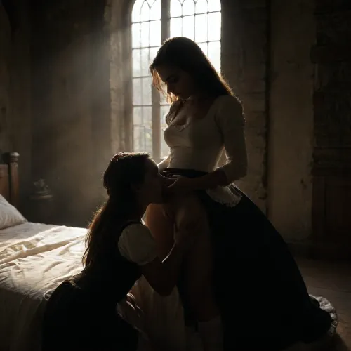 Dark scene at night with god rays in queen's bedchamber, moonlight, Lesbian scene set in the medieval era, two women, Queen and chambermaid, lesbians, Queen is much older and sitting, the chambermaid is young and on her knees in front of the queen, Queen's dress is red, chambermaid's dress is black, (chambermaid licks queen's pussy, chambermaid's head in queen's crotch), chambermaid had been washing the queen, (cunnilingus), licking pussy, medieval fashion, god, rays, sunbeams, sunbeam, <lora:Helfstyn_XL:1>, <lora:polyhedron_god rays-000007:1.2>, <lora:dark:.5>