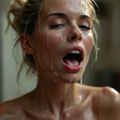 30 year old tall and very skinny lithuanian queen, long messy blonde hair in a bun, covered in thick white realistic cum, sexy expression, woman, cum, on, face, <lora:MJ52:.3>, <lora:BUT_SDXL_SHS:.6>, <lora:add-detail-xl:.5>, <lora:CinematicStyle_v1:.7>, <lora:JustCum:1.5>, realistic natural picture, open mouth, cum dripping from forehead