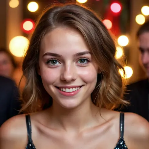 Young woman, 18 years old, slim, at a New Year's Eve party, intoxicated, Face reddened from alcohol, smiling.