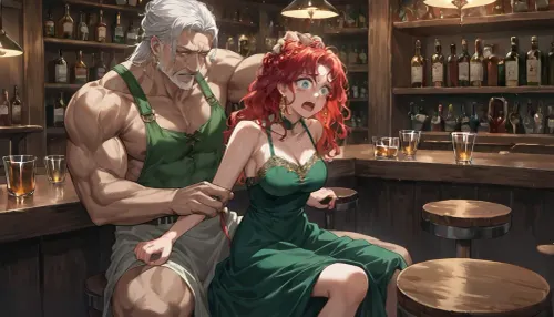 anime, 25 year old woman with long red hair, medium breasts, short green dress, sitting at a bar, muscular man grabbing her hair and pulling her off of her seat, scared